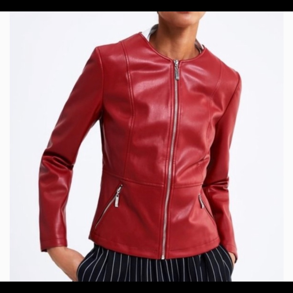 Red faux leather jacket by Zara